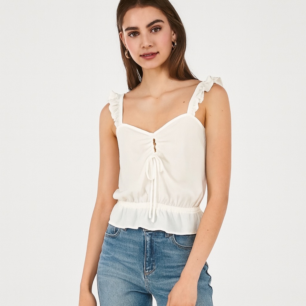 Express Sweetheart Cinched Ruffle Cream Tank  XS NWT